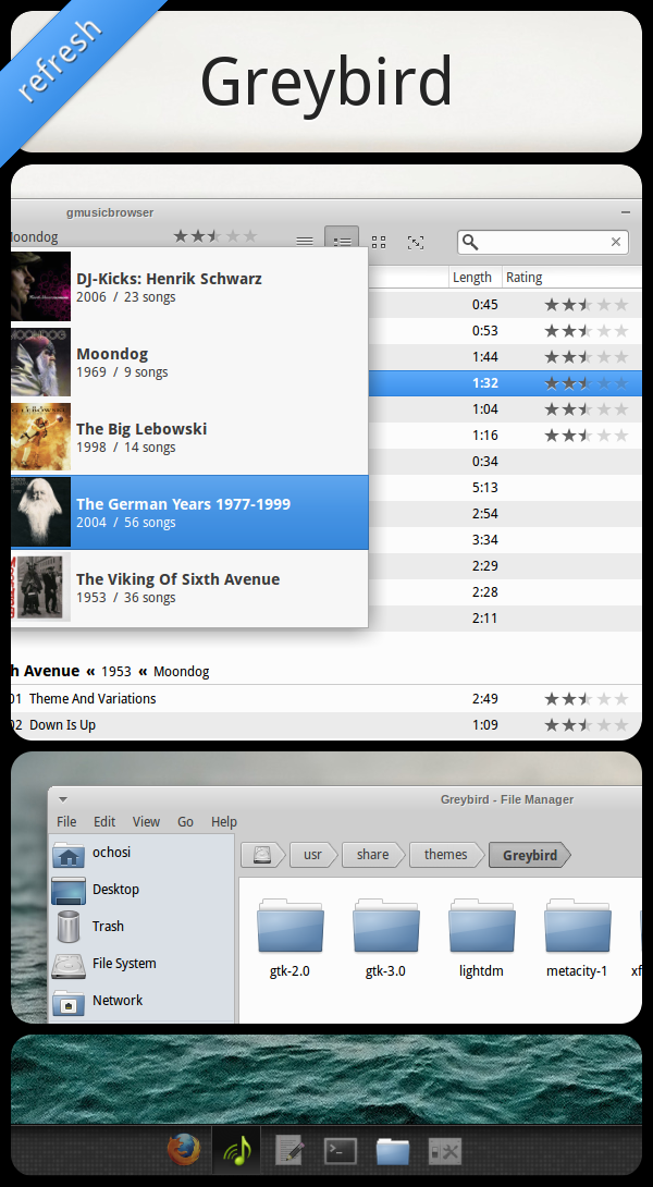 Screenshot compilation of Greybird’s refresh
